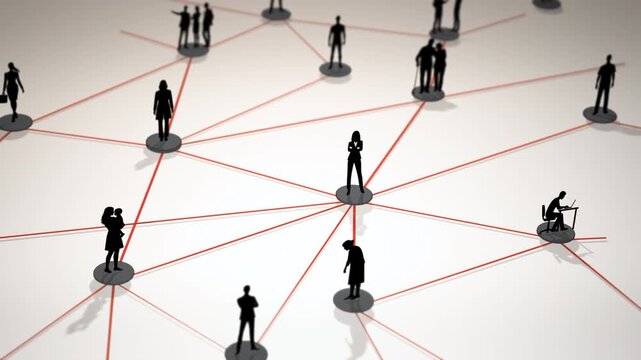 Abstract representation of a human network with silhouetted figures placed on nodes and connected by red lines, illustrating communication, relationships, and modern digital interaction systems.
