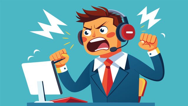 Frustration of a call center worker during a difficult customer interaction in a busy office setting