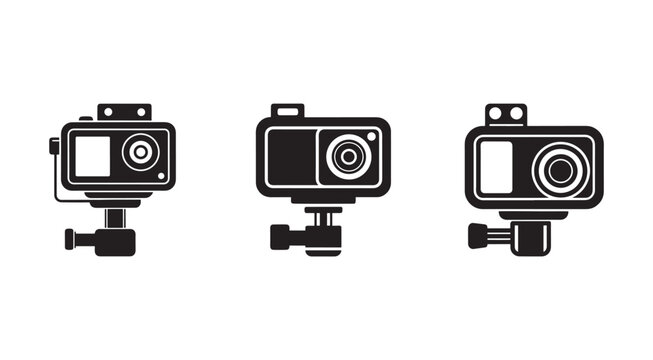 Three black action camera icons in different orientations for recording video  various angles of a digital camera for capturing photos and videos