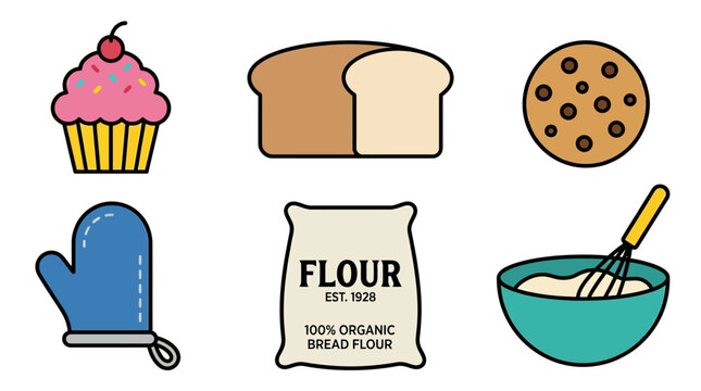 Colorful illustrations of baking ingredients and treats including cupcake and bread