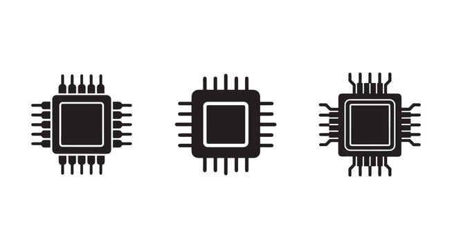 Three black and white computer chip icons with different pin configurations on white background  electronic components