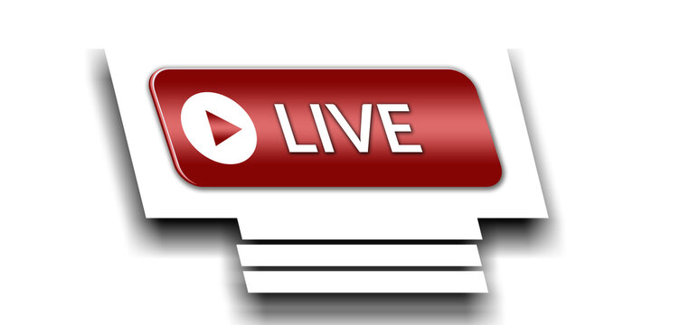 Glossy Red Live Button with Play Icon for Online Streaming and Broadcast Media