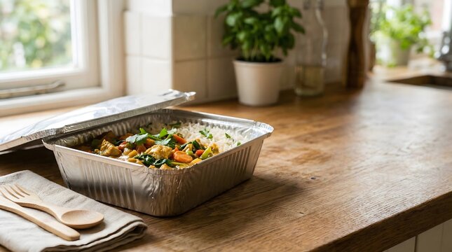 Fresh takeaway meal in foil container on wooden kitchen counter with natural light and healthy eating concept