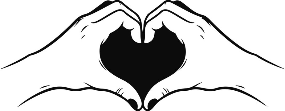 Two hands forming a black heart shape with black outlines on a white background