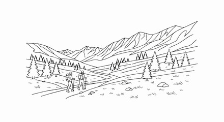 Fototapeta premium Two hikers traverse a winding path through a valley towards distant, jagged mountains