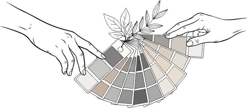 Two hands select swatches from a fan of neutral paint samples