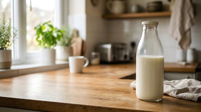 Blank glass milk bottle on wooden kitchen counter with soft morning light perfect for product branding and packaging mockup