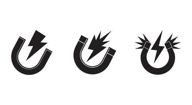 Three black and white icons of horseshoe magnets with lightning bolts  illustrating magnetic field and electricity concepts