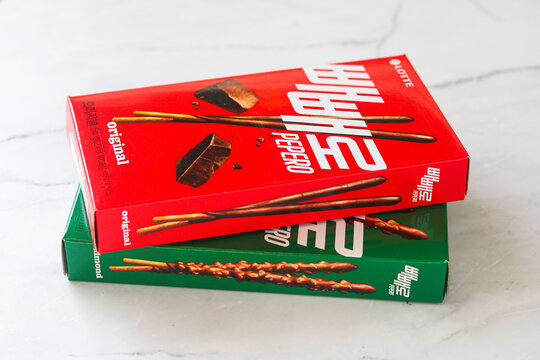 Tangerang, Indonesia - January 16, 2026: A stack of the Original and Almond Pepero.