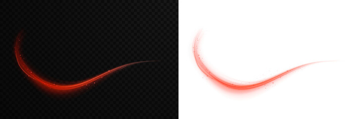 Semicircular red wave and light vortex wake. Abstract red light lines of movement and speed. Neon glow flare and shiny red speed lines effect vector PNG on transparent background. © Даниил Москаленко