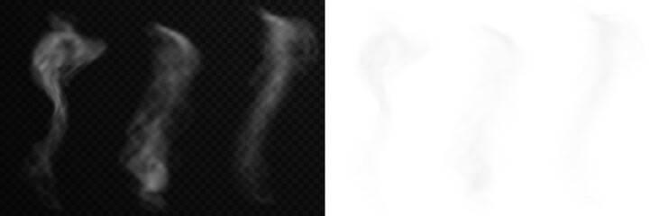 Smoke collection with realistic white steam waves and mystical fog. Hot food steam effect for creative visual storytelling and design. Candle smoke and fog for art. © Даниил Москаленко