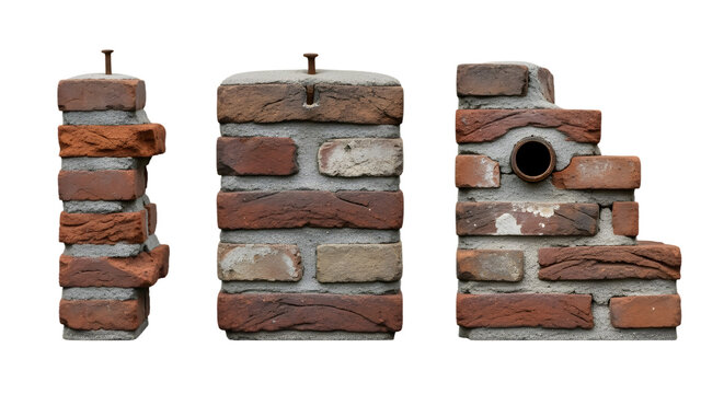 異なる形状の古い赤レンガの柱と壁のセクション、セメントの継ぎ目と金属製の釘やパイプ付き isolated on a transparent background brick masonry wall pillar