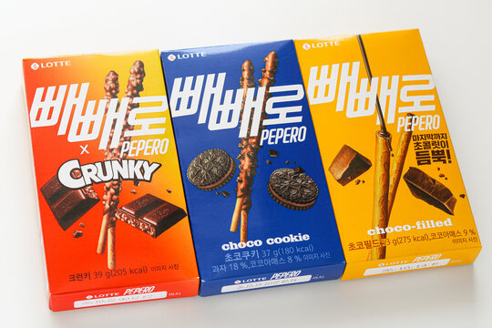 Tangerang, Indonesia - January 16, 2026: Crunky, Choco cookie and Choco-filled Pepero.