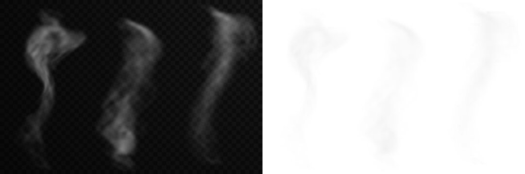 Smoke collection with realistic white steam waves and mystical fog. Hot food steam effect for creative visual storytelling and design. Candle smoke and fog for art.