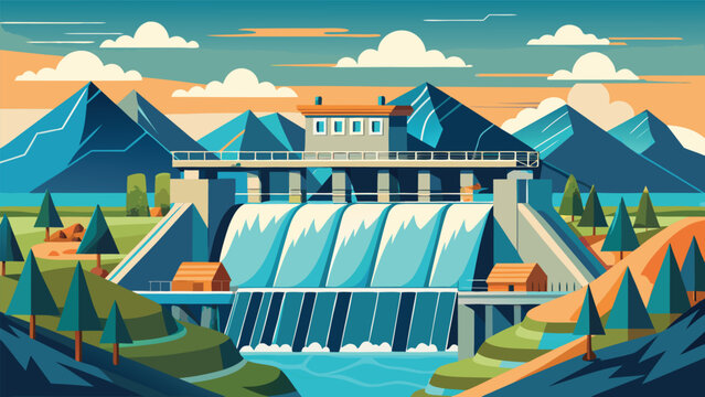 Water flows over a dam with mountains in the background and small buildings by the river in a colorful scene during daytime