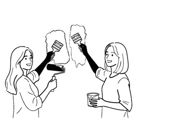 Two women painting a wall with roller and brush