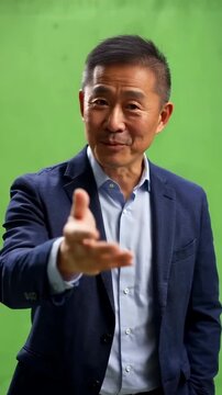 Asian middle aged man host on green screen beckons come here with one hand and friendly confident smile for invitation onboarding guidance welcome or presenter led advertising scenes asian man