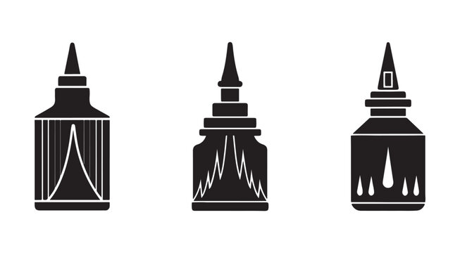 Three black and white illustrations of bottles with dropper lids  various shapes and designs  no labels  simple line art style