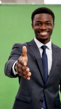 Black young adult businessman on green screen gives a strong handshake toward camera with confident smile for partnership agreement trust recruitment sales or corporate introduction scenes black man