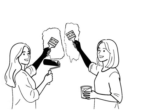 Two women painting a wall with roller and brush