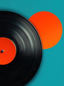 A close up of a black vinyl record with an orange center against a textured teal surface