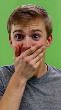 White young adult male student on green screen gasps dramatically and covers his mouth in astonishment for reveal surprise rumor news or viral reaction edits caucasian man