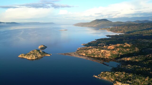 Panoramic View of Ancient Monastery Ruins on Bafa Lake Island at Dawn. High quality 4k footage