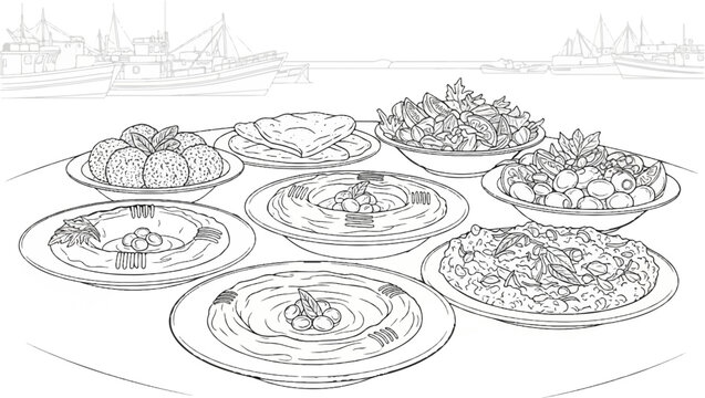 Variety of Mediterranean dishes and boats in the background