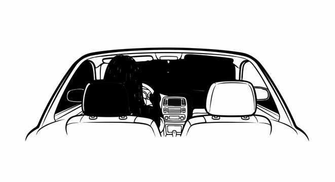 View from the back seat of a car with a driver at the wheel