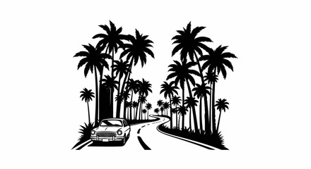 Obraz premium Vintage car drives down a winding road through a palm tree forest