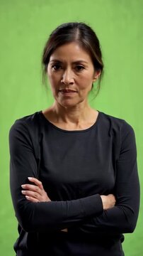 Hispanic middle aged woman on green screen crosses her arms and gives a cold skeptical stare for distrust disapproval judgment or unimpressed reaction contenthispanic woman