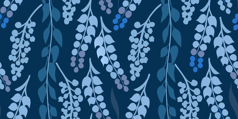 A repeating pattern of blue and lavender floral stems and berries © Mithun