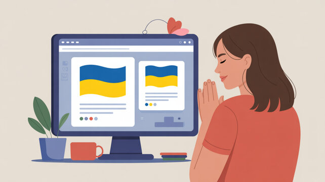 Woman praying in front of computer with ukraine flag on screen symbolizing hope and support