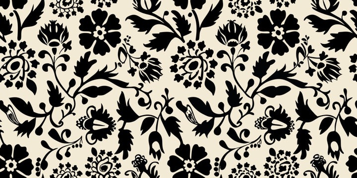 Intricate black floral pattern on a cream colored background