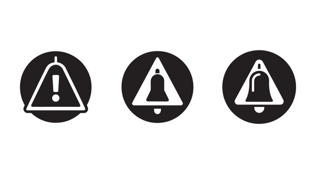 Three black and white warning signs with exclamation mark and bell icons in circles for notifications alerts and caution  warning symbols for danger and attention