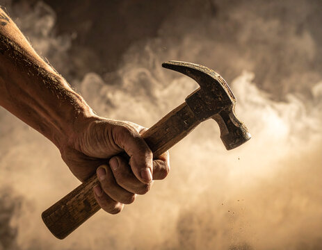 Hand holding hammer striking metal