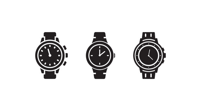 Three black and white watch icons with white outlines on white background  simple clock designs
