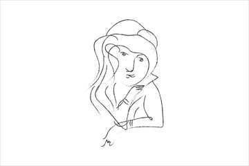 Fototapeta premium Sketch of a young woman with long hair simple line art portrait