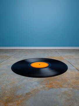 A black vinyl record with an orange label rests on a textured stone floor against a blue wall