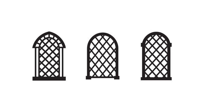 Three black arched window grilles with lattice patterns on white background  architectural elements  decorative designs