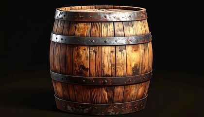 Obraz premium A close-up studio shot presents a weathered wooden barrel with rusty metal bands, showcasing intricate wood grain details. The dark background highlights its texture
