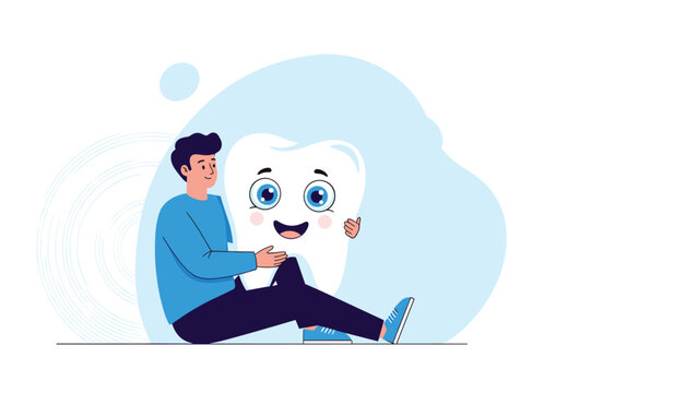 Caring man in a blue shirt sits on the ground and hugs a giant friendly tooth character to symbolize a love for good dental health.