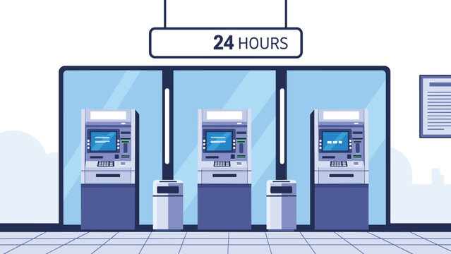 Modern bank interior featuring three automated teller machines or atms for twenty four hour cash withdrawals and financial transactions.