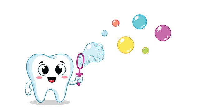 Happy cartoon tooth character blowing colorful soap bubbles of various sizes into the air while holding a pink bubble wand on a white background.