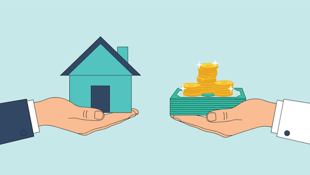 Conceptual illustration of two hands exchanging a miniature house for a stack of cash and gold coins to represent a real estate deal.