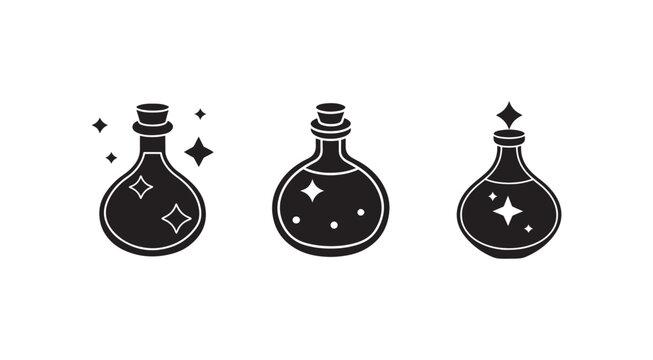 Three black bottles with sparkles on white background  magic potion containers  fantasy glass bottles