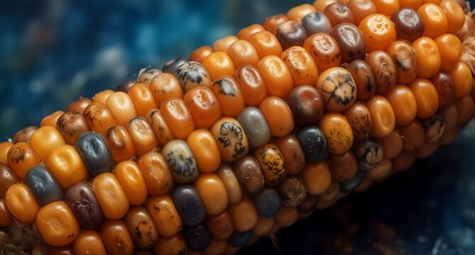 close-up of colorful indian corn with unique kernel patterns and textures.