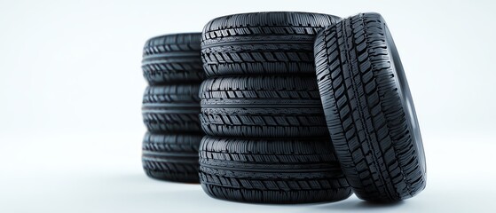 Stack of black tires for vehicle use.