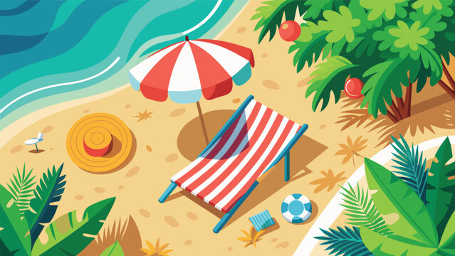 Bright beach scene with a lounge chair, umbrella, and summer items near the ocean during daytime