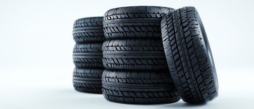 Stack of black tires for vehicle use.